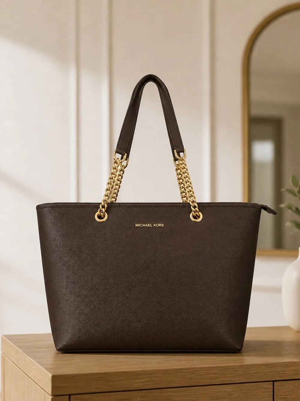 Michael Kors Black Saffiano Tote with Gold Chain Handles